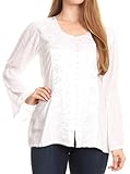 Sakkas 1758 - Soraya Embroidered Eyelet Button Down Blouse Top with Long Sleeves and Ties - White - L/XL