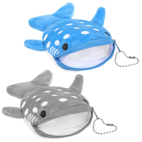 Cute Whale Shark Coin Purse, 2 PCS Small Kawaii Wallet with Zipper Keychain, Plush Cartoon Animal Embroidered Coin Pouch Mini Earphone Bag Funny Novelty Coin Purse for Women (Blue, Gray)
