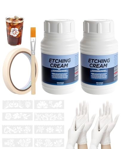 ALONK 2 Stück Glas-Ätzpaste 80g Glas Etching Paste Komplettset mit Template-Set Klebeband 2 Paar Handschuhe & Applikationsstab für DIY-Kreationen Milchglastüren Weingläsern & Kunstwerke