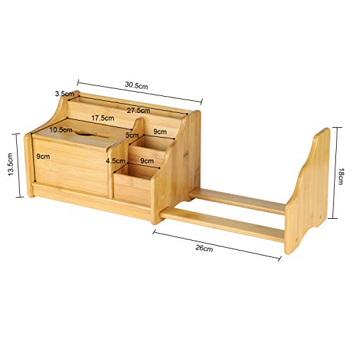 Expandable Desktop Bookshelf Organizer with Tissue Box, Bamboo Desk Storage Shelf Rack Mail Sorter Bookcase Table Counter Holder for Pencil Remote Office Supplies