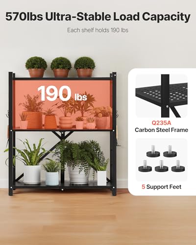 Image of VEVOR 3-Tier Foldable Storage Shelf, 30W x 13D x 36H Inch Folding Metal Rack Shelving Unit, No Assembly Organizer Shelf with 5 Wheels & 4 Hooks for Pantry, Kitchen, Garage, Basement, Black
