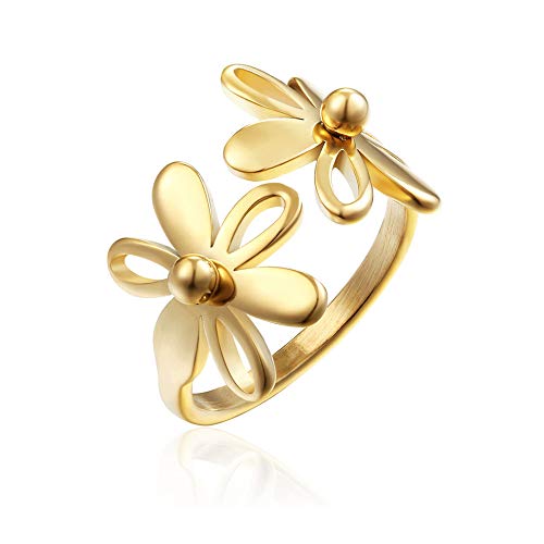 Vintage Daisy Flower Stainless Steel Statement Open Ring for Women Girls Polished Comfort Fit Filigree Hawaiian Sunflowers Adjustable Promise Band Rings Birthday Holiday Gifts BFF Mom