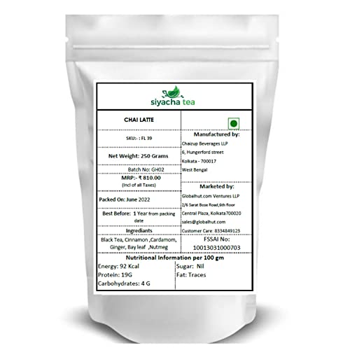 Image of Siyacha Tea Chai Latte, 250 Grams, Assam Tea with Cinnamon, Cardamom, Ginger, Bay Leaf, Nutmeg, Natural Indian Spice Loose Leaf Blend, Fresh Herbal Healthy Beverage, Makes 125 Cups (approx)