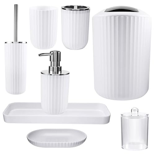 Nvanvmm 8 Pieces Bathroom Accessories Set White- Bathroom Bin,Toilet Bowl Brush,Hand Soap Dispenser, Mouthwash Cup, Toothbrush Holder, Toothpick Holder, Soap Dish, Holder Tray - Bathroom Accessory