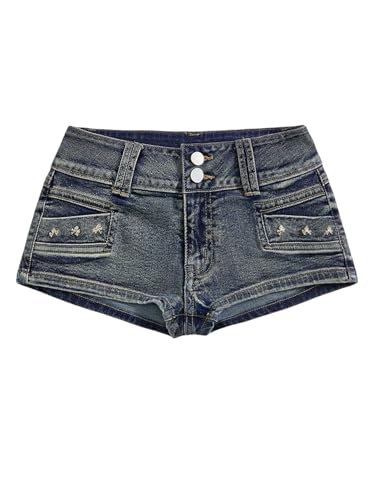 SHENHE Women's Y2k Low Rise Mini Jean Shorts Skull Studded Grunge Punk Sexy Micro Denim Shorts Blue X-Large Plus