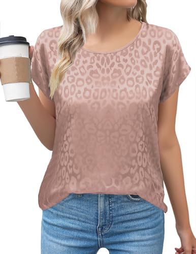 Zeagoo Damen Satin T Shirt Casual Leopard Bluse Kurzarm Rundhals Locker Top Sommer Leopardenmuster Tunika Oberteile, M