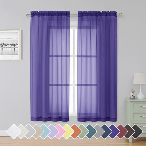 Image of Simplebrand Purple Sheer Curtains 63 Inch Length 2 Panels, Rod Pocket Solid Color Window Sheer Curtain Panels, Elegant Curtains & Drapes for Living Room, Bedroom (Purple, 42 inch W x 63 inch L)