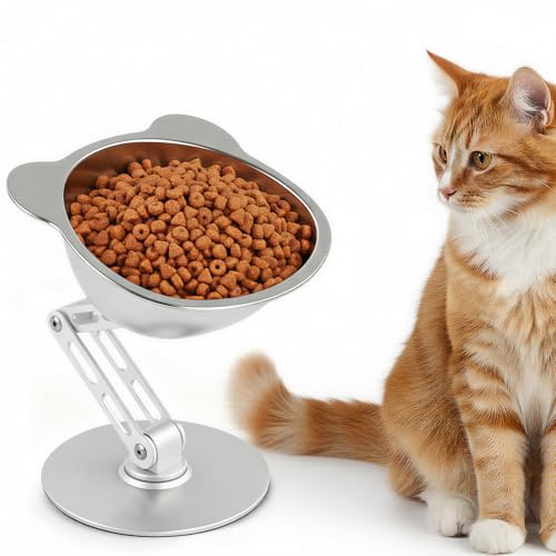 BEAVE NIUNIU Alloy Elevated Cat Bowl - Height & Angle Adjustable Raised Food Water Bowl Stand, 330ml Stainless Steel Dish, 7.9in Max Height Stable Pet Feeder for All Cat Sizes