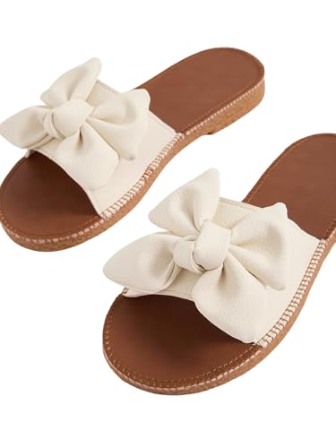 Image of Verdusa Women's Bow Flat Sandals Leather Open Toe Flats Summer Vacation Shoes Beach Sandals Outdoor Slippers