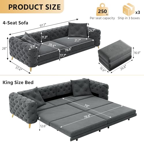Image of KEIKI 97.7 inch Convertible Sleeper Sofa Bed, 3 in 1 Pull Out Sofa Bed, 4-Seater Button Tufted Couch with Movable Ottoman for Living Room, Bedroom, Apartment, Dark Grey