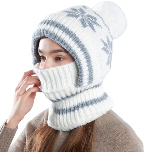 KAICAILA Winter Knitted Balaclava Women Hooded Beanie Hats Fleece Lined One Piece Neck Warmer Skull Cap Cold Weather