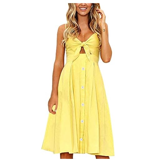 FANCYINN Kleid Damen Sommer Knielang Dekoltee V-Ausschnitt Sommerkleid Midi Träger Rückenfreies A-Linie Kleider Strandkleider Gelb