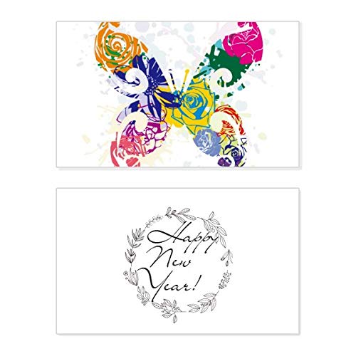 Tarjeta de felicitación conmemorativa de Año Nuevo con diseño de mariposas y flores
