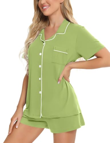Image of SWOMOG Womens Button Down Pajamas Set Short Sleeve Sleepwear Bride Soft Pj Lounge Sets XS-3XL