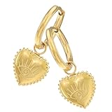 Garneck Pendientes Colgantes de Corazón Grandes de Acero Inoxidable Dorado Patrón de Ojo para Mujer, Joyería para San Valentín y Accesorios para Enamorados