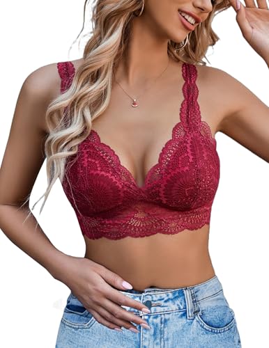 Avidlove Spitze Damen BH Sexy Everyday Bra Ohne Bügel BHS V-Ausschnitt Atmungsaktiv Bralette Vollschalen Minimizer Bras Lace BH-Unterwäsche,RotM