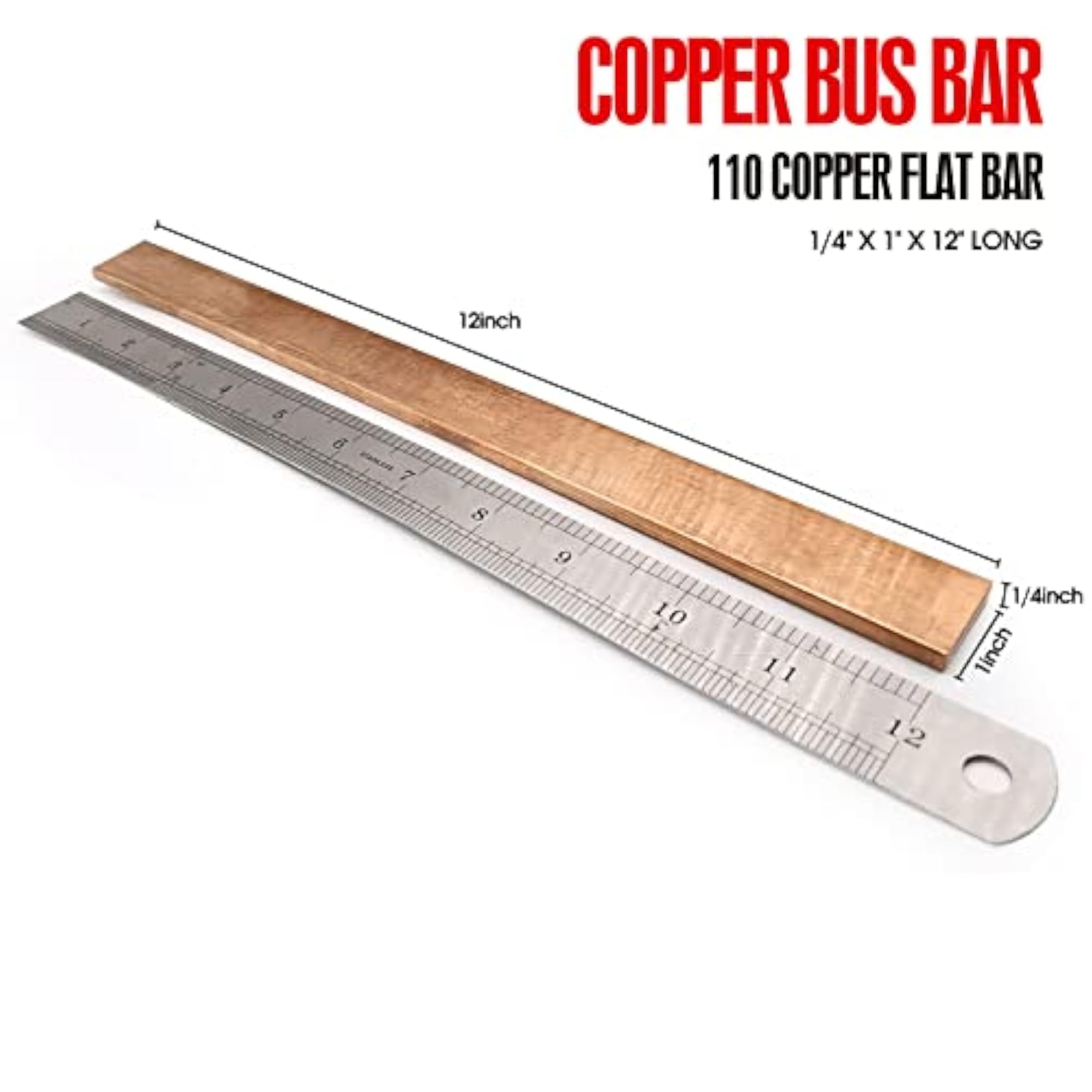 Copper Bus Bar - 110 Copper Flat Bar 1/4" x 1" x 12" Long