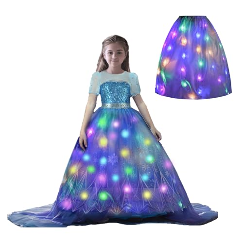AntDiseno Disfraz Luminoso de Princesa Elsa para Niñas, Disfraz de Princesa para Niños de 3 a 10 Años con Forro de Falda Extraíble Fiesta de Cumpleaños de Halloween