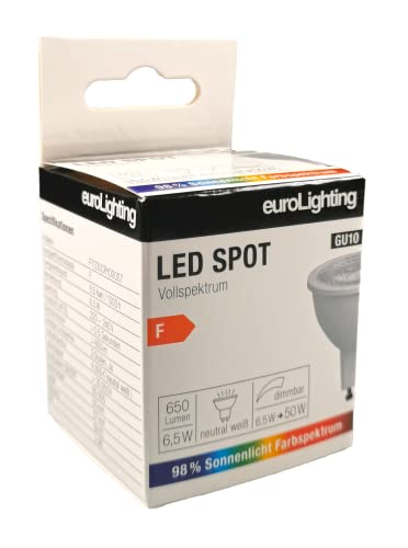 euroLighting LED Spot GU10 4000K, 6,5W Neutral Weiß 650lm mit Sonnenlichtspektrum/Vollspektrum, 3 Step Dimmbar (AN = 100% / 1X = 40% / 2X = 15% / 3X = 100%)
