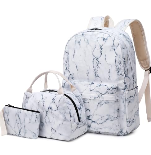 FLYMEI Cute Stone Backpack for Teen Girls With Lunch Box - For Middle School, High School, College, Women - Marble White