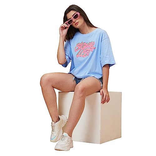 Image of Globus Women Blue Printed Round Neck Casual Boxy Fit T-shirt-3638180001
