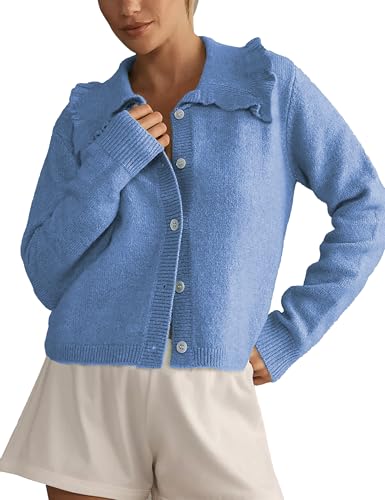 Image of Womens Ruffle Cropped Cardigan Open Front Outerwear Elegant Long Sleeve Knitted Sweater Solid Button Jacket Fall Tops(Blue-S)