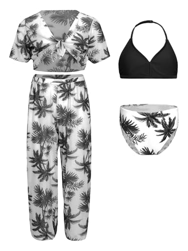 Eandarui Kids Girls 4Pcs Bikini Top and Briefs Swimsuit Swimwear with Chiffon Cover Up Top and Beach Pants Black 7-8 Years