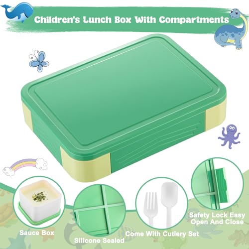 PUWOWYE Brotdose Kinder mit Fächern, Bento Box Kinder, 1330 ml Auslaufsicher Lunchbox Kinder, Brotbox für Mädchen & Jungen, geeignet für Schule, Kindergarten & Ausflüge BPA frei (Grün)