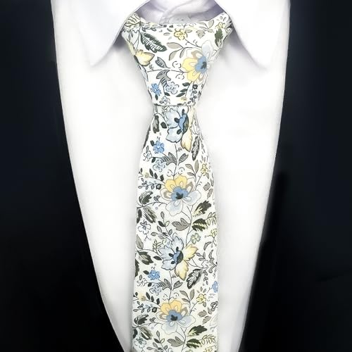 Image of Cotton Floral Ties for Men 2.76 inch Men's Skinny Tie Linen Flower Printed Neck Tie for Wedding Dating Party