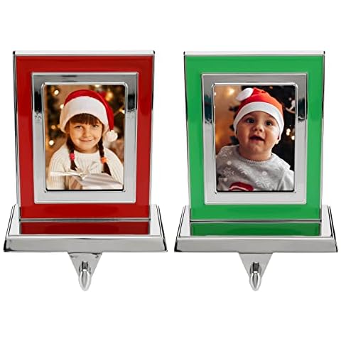 Holiday Jingle Stocking Holders for Mantle – Set of 2 Picture Frame Stocking Holder – One Red One Green Photo Stocking Hanger – Lovely Modern Colors Cover