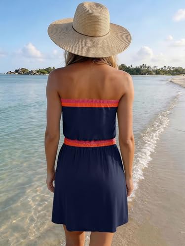Image of SAUKOLE Beach Dresses for Women 2026 Casual Summer Strapless Smocked Elastic Waist Short A Line Flowy Dress