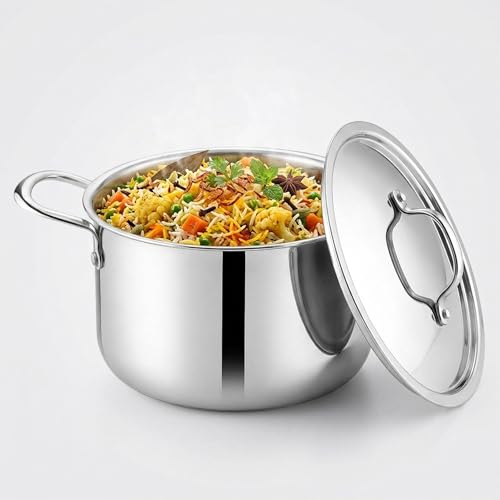 Image of Mumma's LIFE Biryani Pot Heavy Bottom - Triply Stainless Steel Cooking Pot with Lid 20 cm (3500ml) | Even Heating, Durable, Energy Efficient Pot for Rice Stew & Curry | Induction & Gas Stove Friendly