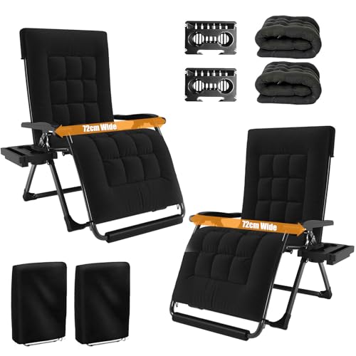 NJUN Tumbona Plegable Acolchada, 2 Piezas Silla Relax Reclinable con Reposacabeza Extraíble y Portavasos, Tumbona Jardín Exterior Cómoda para Terraza Balcón Piscina Camping