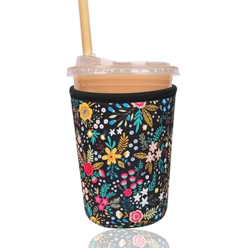 Image of Reusable Insulated Sleeve for Iced Coffee Cup, Coffee Neoprene Sleeve for Cold & Hot Drinks, Beverage Holder for Iced Coffee (Lush Blossom, Small: 16-18oz)