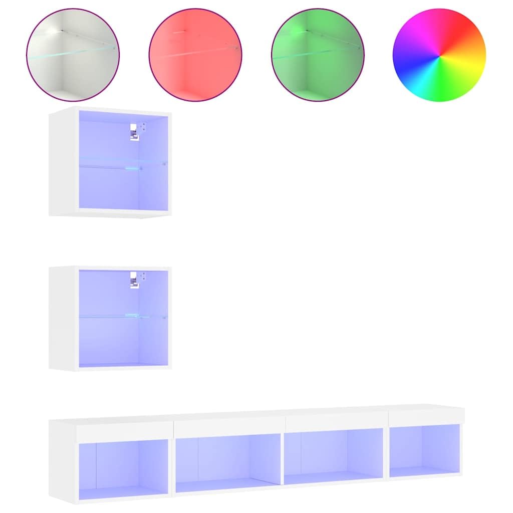 Biały zestaw mebli TV z oświetleniem LED RGB, 5-częściowy, ścienny, z płyty drewnopochodnej odpornej na wilgoć, zapewnia dużo miejsca do przechowywania książek i sprzętu