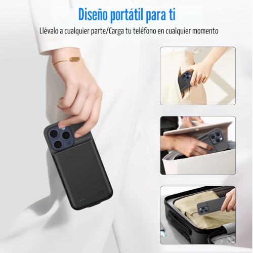 Funda batería para iPhone 15 Pro Max cargador portátil negro recargable de 8500mAh 7