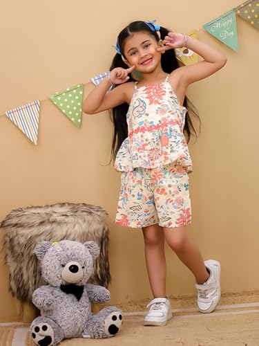 Image of superminis Girl's Top and Shorts |Coordinated Outfit| Sleevless Floral Print Top and Shorts Set| Summer Casual Outfit For Kids| 2-Piece Dress For Girls