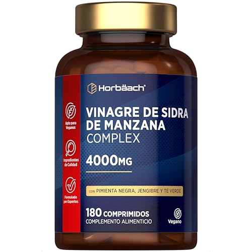 Vinagre de Sidra de Manzana 4000mg | 180 Comprimidos | Complejo de Alta Potencia con Pimienta Negra, Jengibre y Té Verde | Vegano | Horbaach