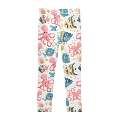 Wusikd Octopuses Girls' Leggings Toddler Doodles Colorful Fish Seashells Kids Yoga Pants Dance Active Tights 4T2
