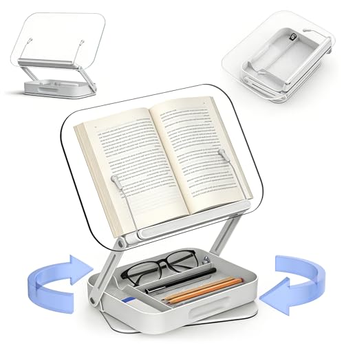 Atril para Libros de Acrílico con Caja de Almacenamiento, Soporte Libros con Sujetalibros, Rotación de 360°, Atril Estudio para Lectura, Altura Ajustable Plegable, para Recetarios, Kindle, Tabletas