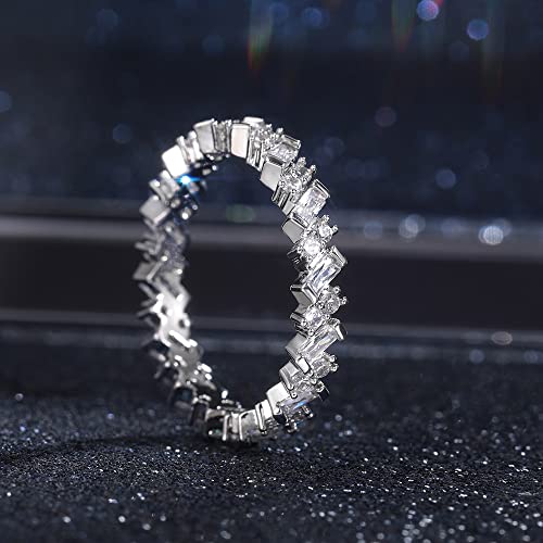 Platinum Plated Emerald/Cushion Cut Cubic Zirconia CZ Fine Ring for Women, Baguette and Round CZ Engagement Wedding Eternity Band Ring (US Size 6)2