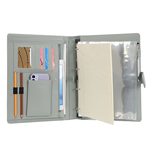 Wonderpool A4 PU Leather 4 Ring Holder Writing Portfolio Multi Document Case with Removable Binder Clipboard and Functional Pocket for Organizer Office Travel School (Green)
