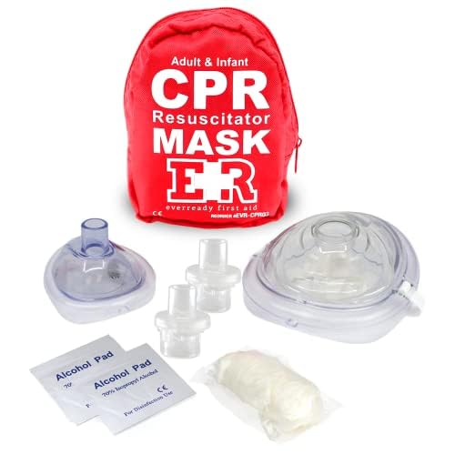 Adult and Infant CPR Mask Combo Kit – Includes 2 CPR Masks with One-Way Valves, Pair of Vinyl Gloves, 2 Alcohol Prep Pads – Portable Emergency CPR Kit – Red
