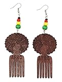 Teri's Boutique Puff Afro Hair Comb Wood Engraved Rasta Style Women Fashion Dangle Earrings (Dark Brown)