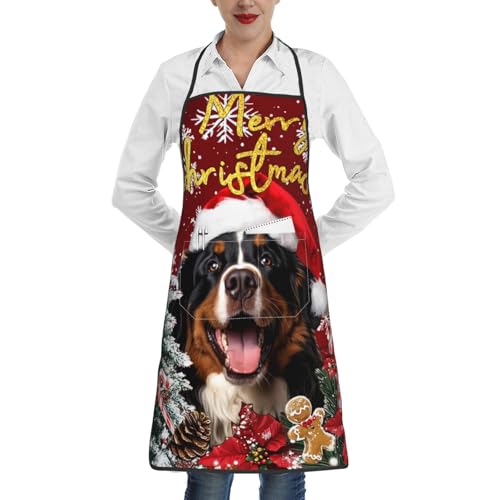 nopicsn Merry Christmas Bernese Mountain Dog Apron for cooking with Pockets Women Men Kitchen Chef Funny Aprons