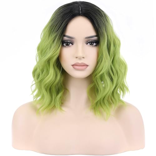 Image of BERON Ombre Green Women Girls Wig Short Curly Wavy Middle Part Wig 14 inch Ombre Color Body Halloween Cosplay Daily Party Wigs