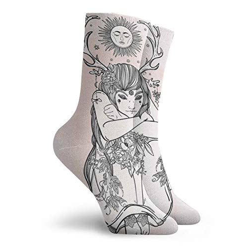 Occult Fashion Compression Socks,Image Of Naked Girl Under The,Performance Polyester Cushioned Athletic Crew Socks for Running,Athletic,Pink Black -12 inch2
