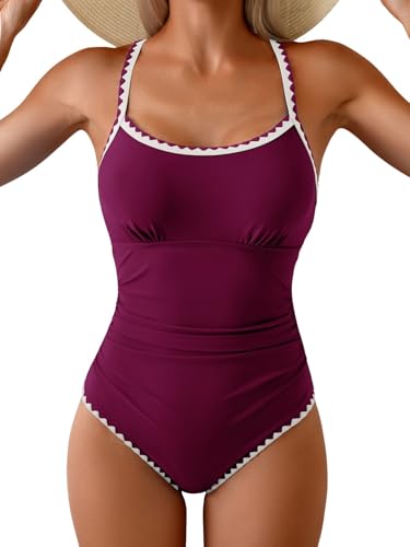 Image of Eomenie Women's One Piece Swimsuit Tummy Control Slimming Bathing Suit Ruched Swimwear Tie Back Shell Stitch Swim Suit