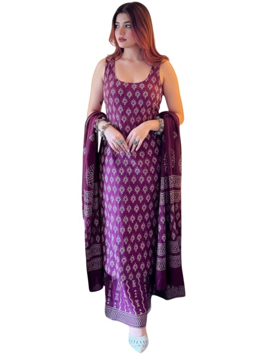 Women's Gulab Print Straight Kurta Palazzo Dupatta Set for Women | Purple Ethnic Suit Set | Sleeveless Printed Kurti with Palazzo & Dupatta | Festive, Casual, Office Dress-image-27
