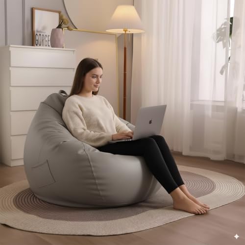 Image of 4XL Leatherette Bean Bag Chair with Footrest & Cushion with Beans Filled (Ready to Use) Color- (Light Grey, Bean Bag Only)